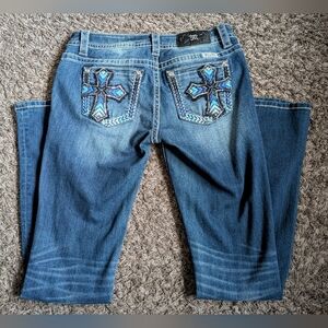 Miss Me Blue Stitch Cross Embellishment Cotton Bootcut Jeans Sz 29